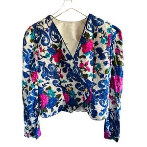 Vintage USA Floral Blue & Pink Paisley Print Wrap Top